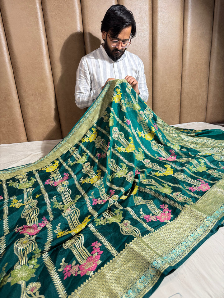 Bottle Green shade banarasi warm silk saree with exclusive heritage design pattern and rich pallu
