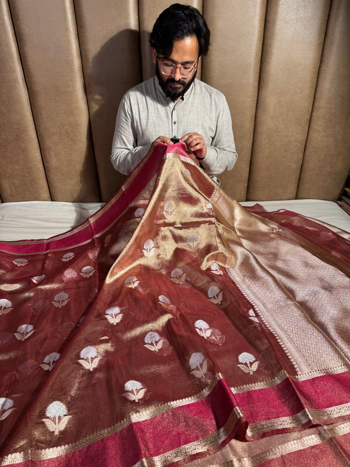 Never seen before rust premium tissue silk saree with zari pallu and blouse