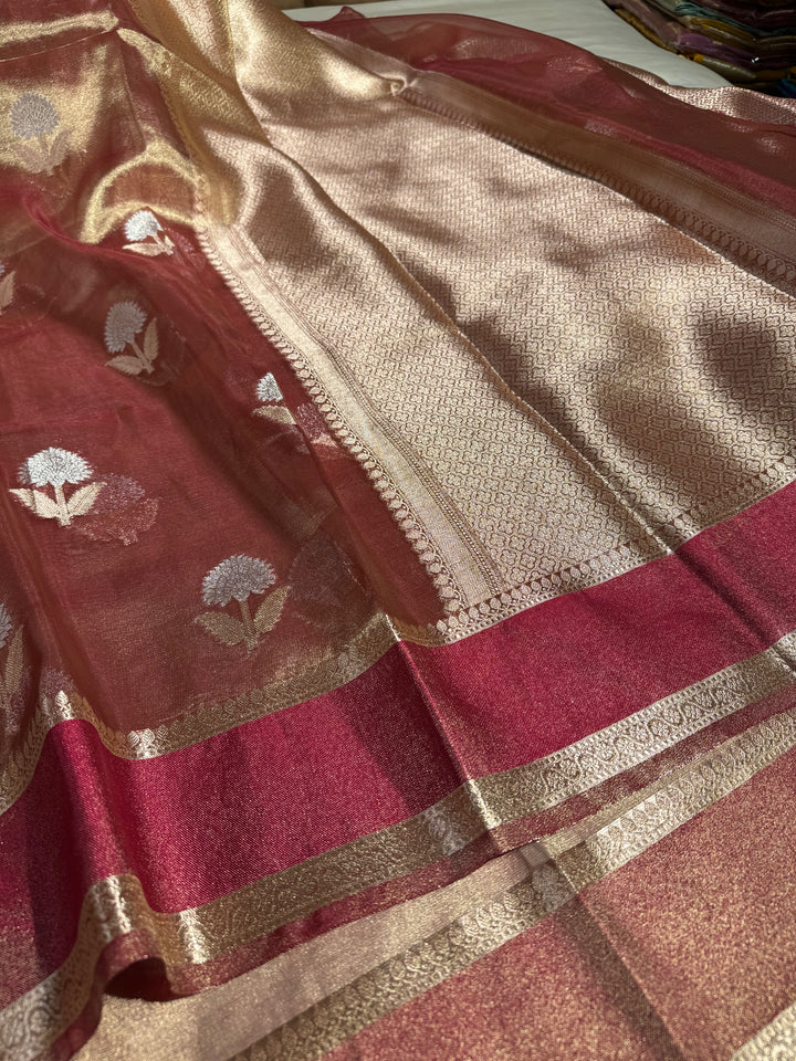 Never seen before rust premium tissue silk saree with zari pallu and blouse