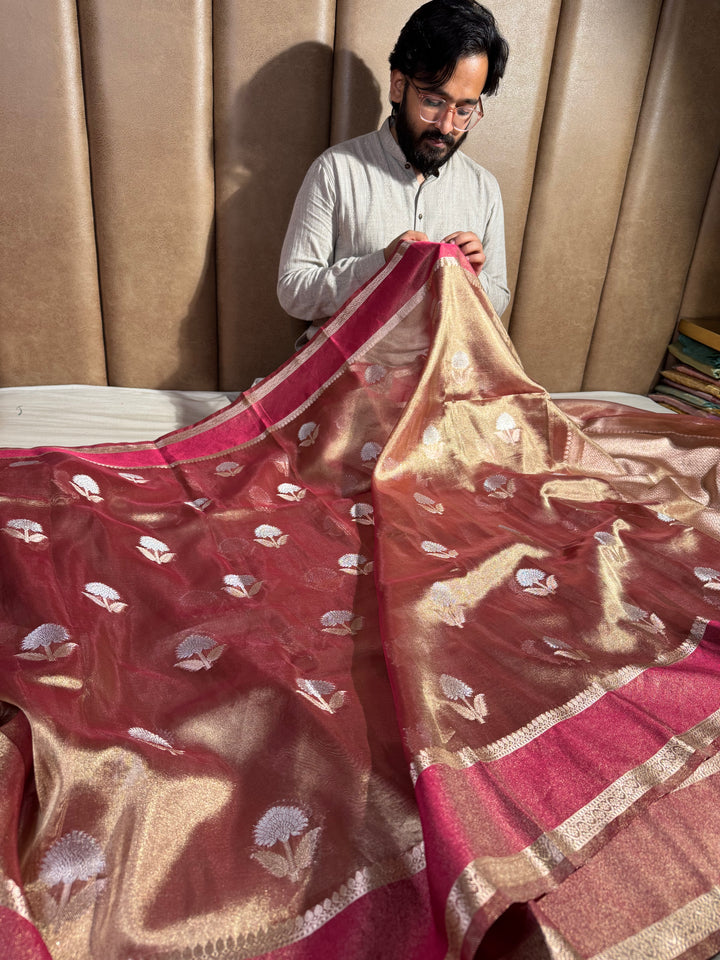 Never seen before rust premium tissue silk saree with zari pallu and blouse