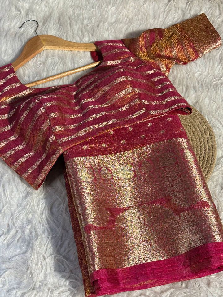 Peach Copper Crush Tissue Silk Saree