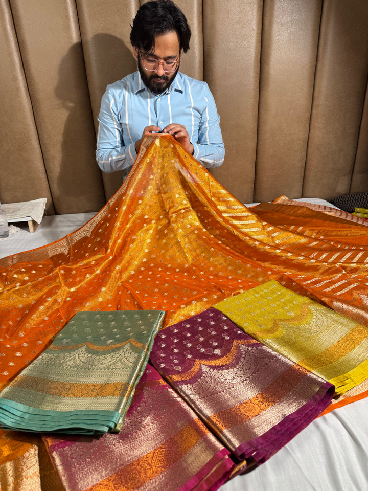 Never seen before rust premium tissue silk saree with zari pallu and blouse