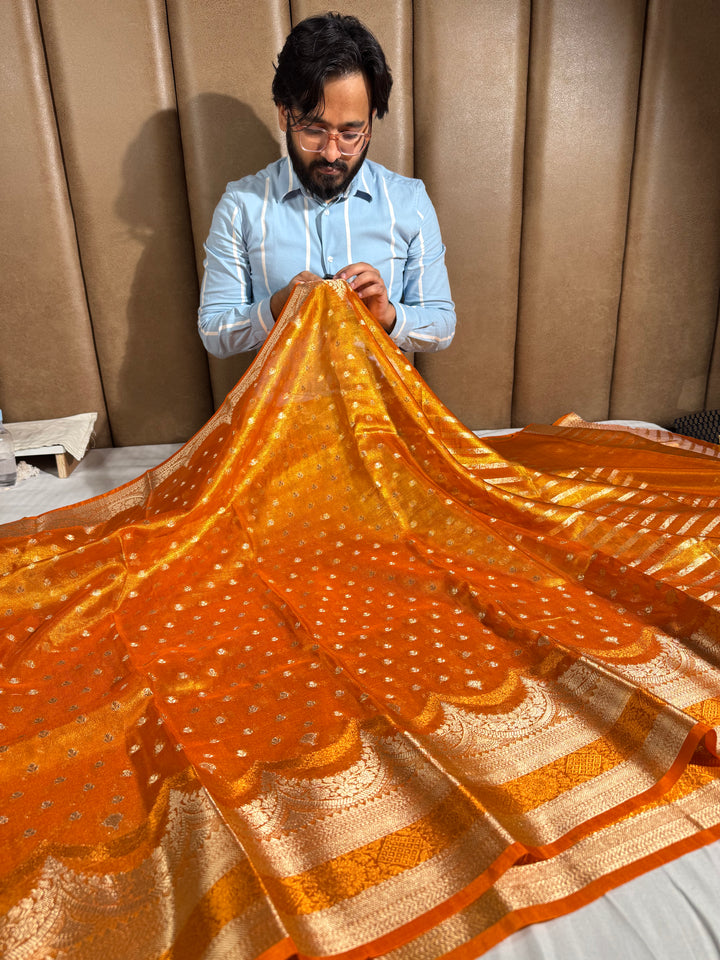 Never seen before rust premium tissue silk saree with zari pallu and blouse