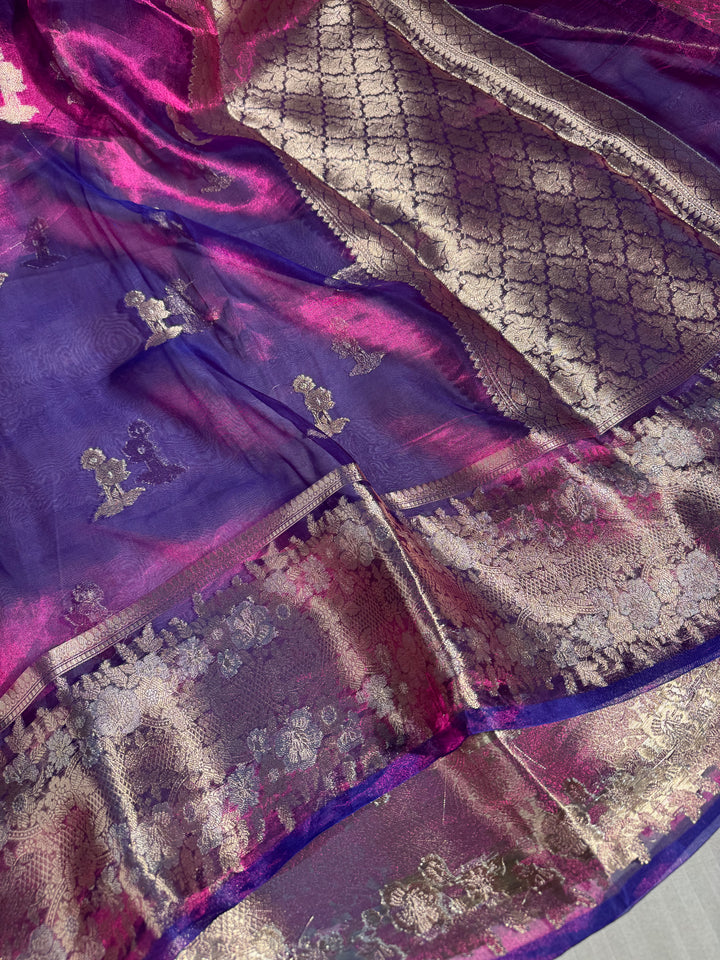 100% Pure Baigani shade Banarasi tissue silk saree rich pallu