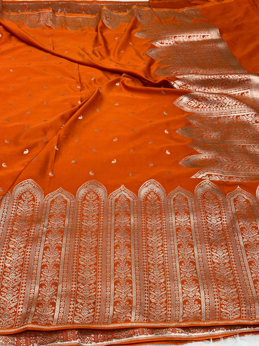 Deep Saffron Mashru Katan Silk Saree with Rich Pallu and Blouse