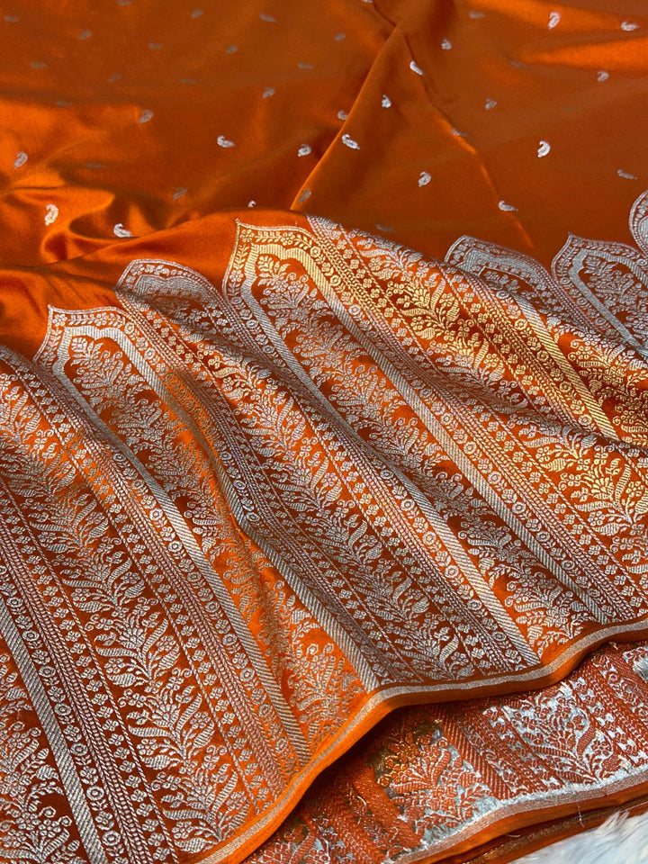 Deep Saffron Mashru Katan Silk Saree with Rich Pallu and Blouse