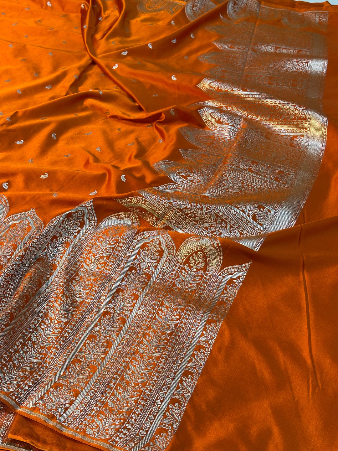 Deep Saffron Mashru Katan Silk Saree with Rich Pallu and Blouse