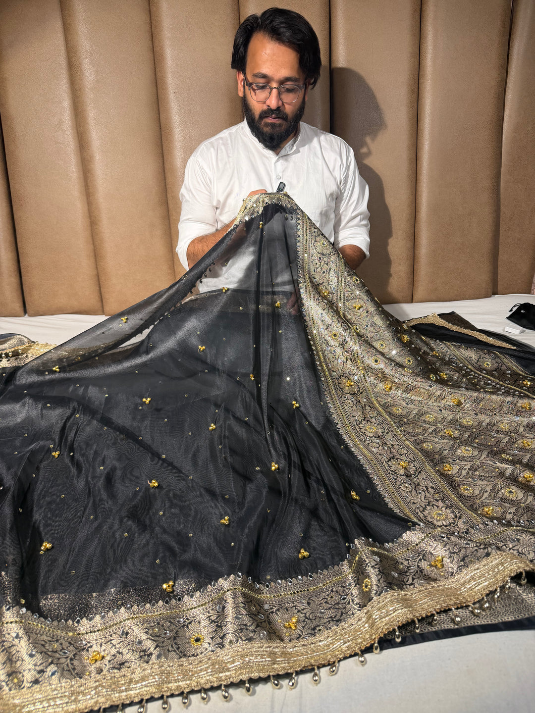 Metallic Black Kora Tissue Viral Ghungroo Saree