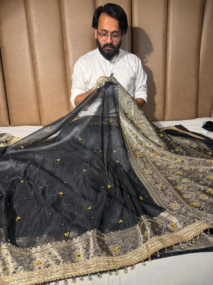 Metallic Black Kora Tissue Viral Ghungroo Saree