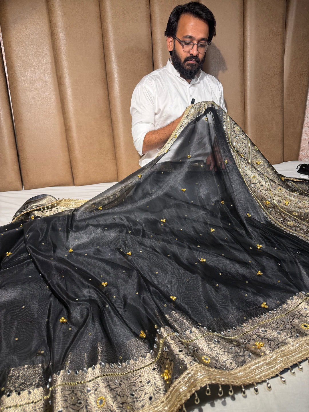 Metallic Black Kora Tissue Viral Ghungroo Saree