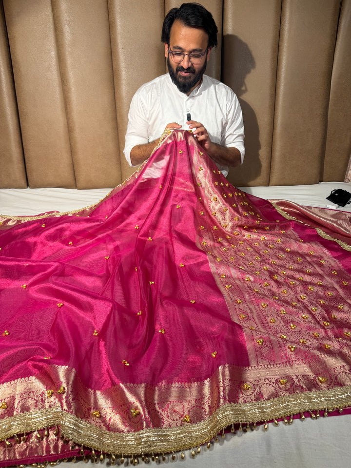 Metallic Rani Kora Tissue Viral Ghungroo Saree