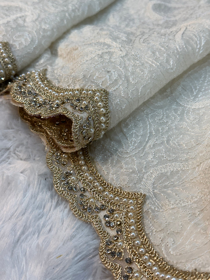 Pure Mul Cotton chikankari saree with motiwork lace border and scelup pallu