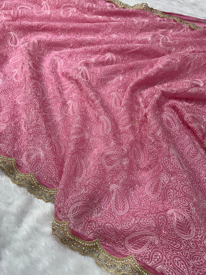 Pure Mul Cotton chikankari saree with motiwork lace border and scelup pallu