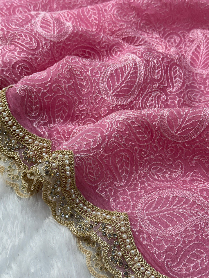 Pure Mul Cotton chikankari saree with motiwork lace border and scelup pallu