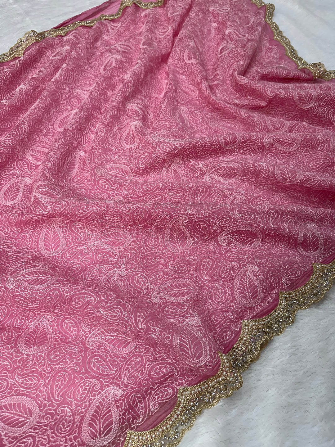 Pure Mul Cotton chikankari saree with motiwork lace border and scelup pallu