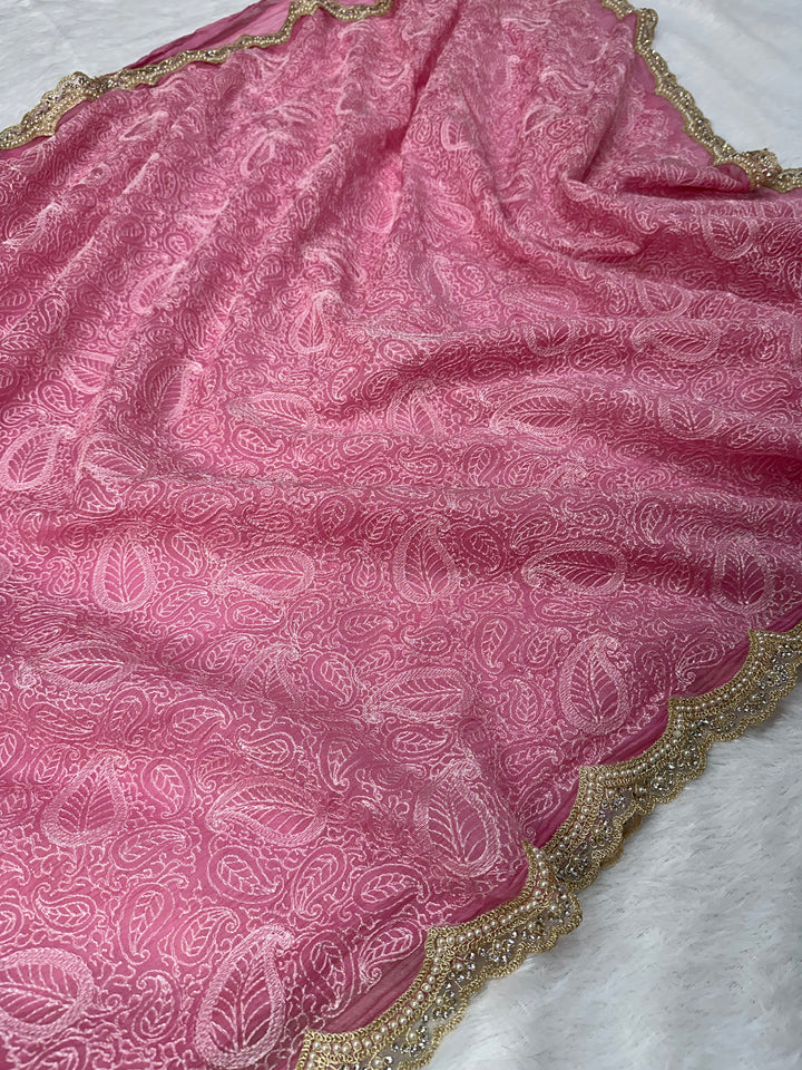 Pure Mul Cotton chikankari saree with motiwork lace border and scelup pallu