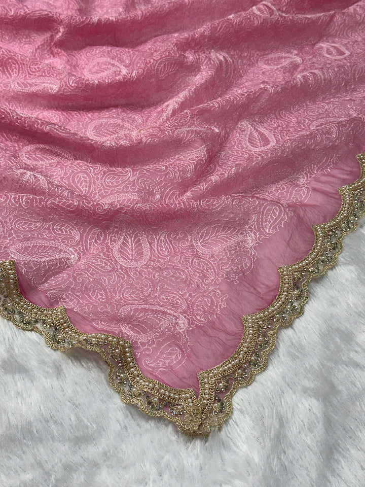 Pure Mul Cotton chikankari saree with motiwork lace border and scelup pallu