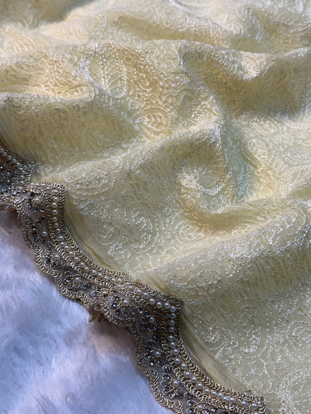 Pure Mul Cotton chikankari saree with motiwork lace border and scelup pallu