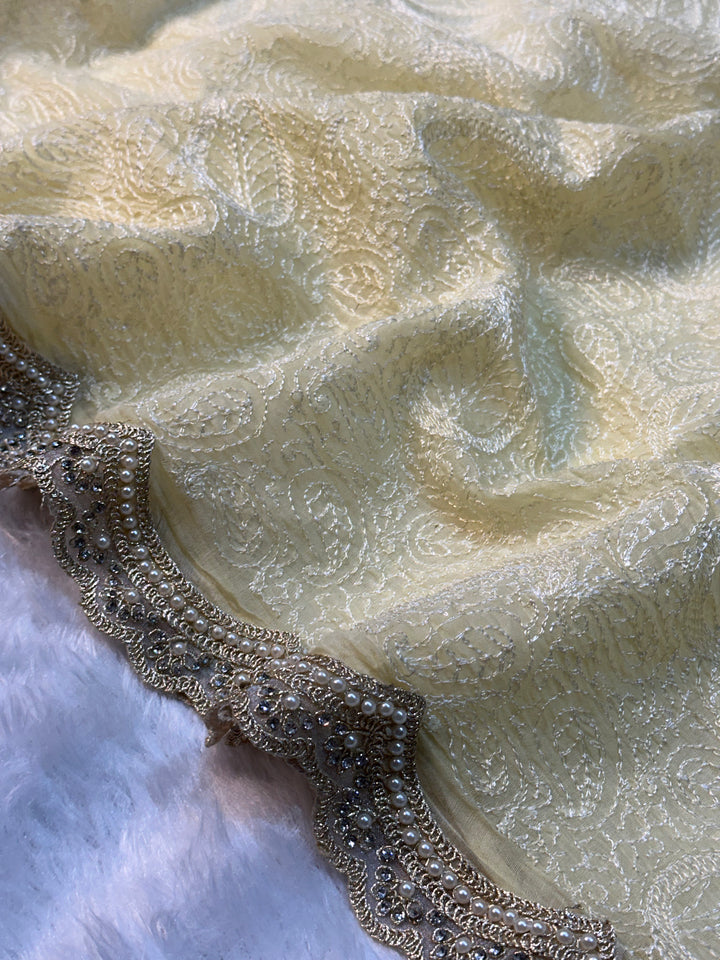 Pure Mul Cotton chikankari saree with motiwork lace border and scelup pallu