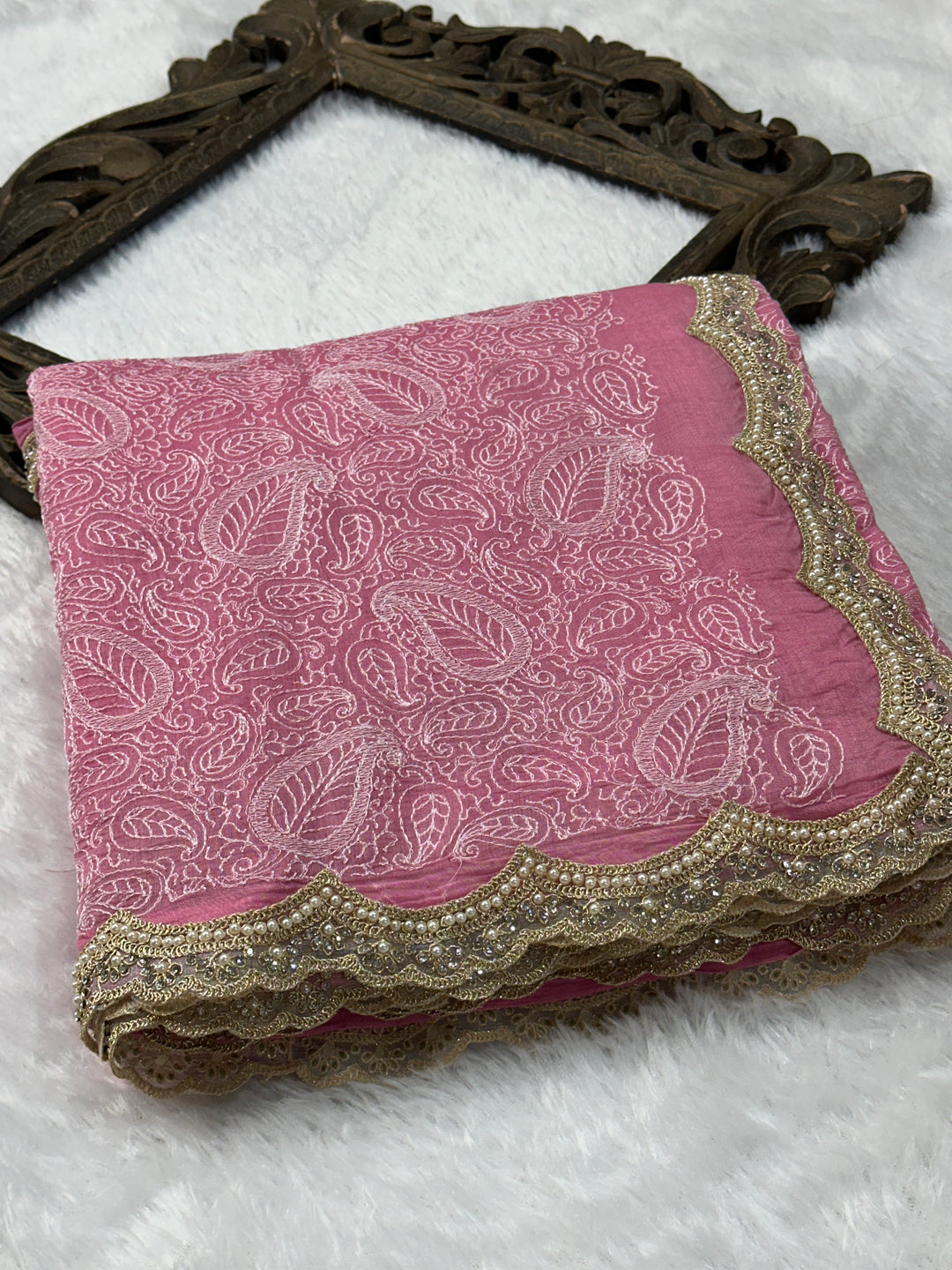 Pure Mul Cotton chikankari saree with motiwork lace border and scelup pallu