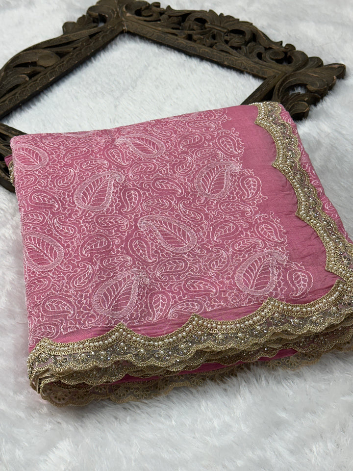 Pure Mul Cotton chikankari saree with motiwork lace border and scelup pallu