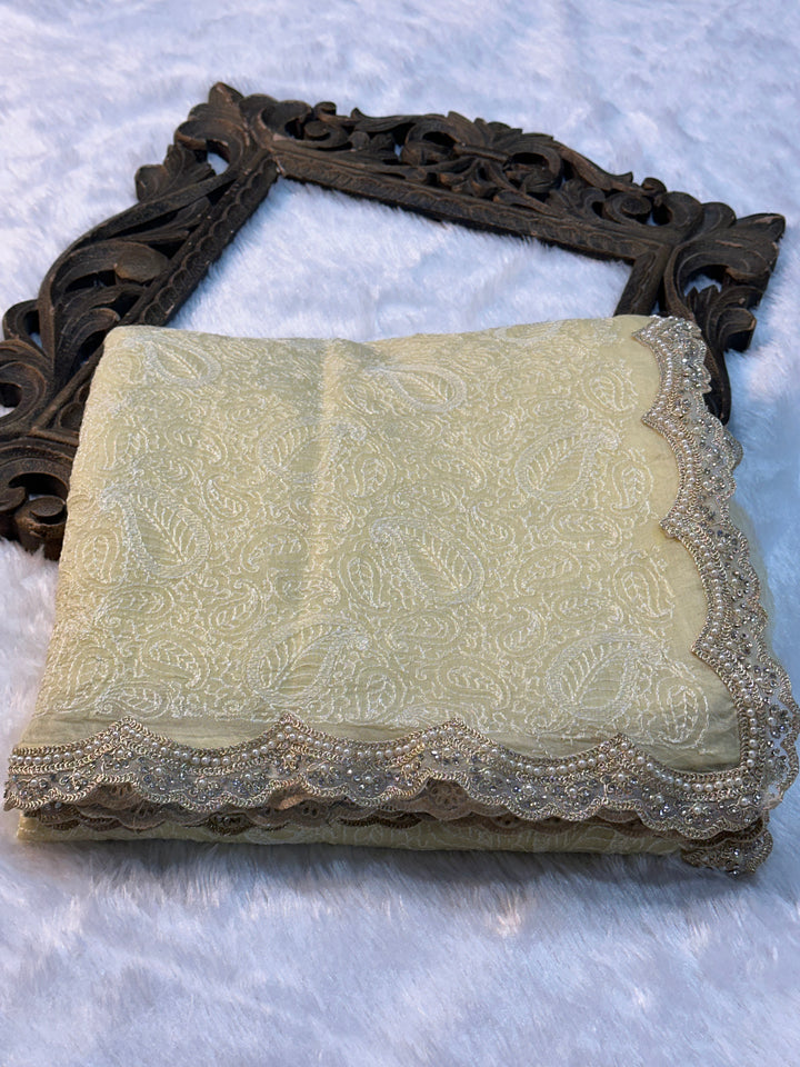 Pure Mul Cotton chikankari saree with motiwork lace border and scelup pallu