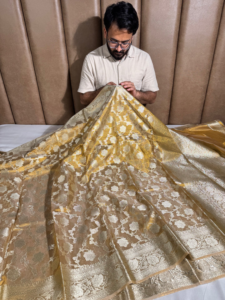 Premium Copper Tissue Silk Banarasi Saree with rich pallu and blouse