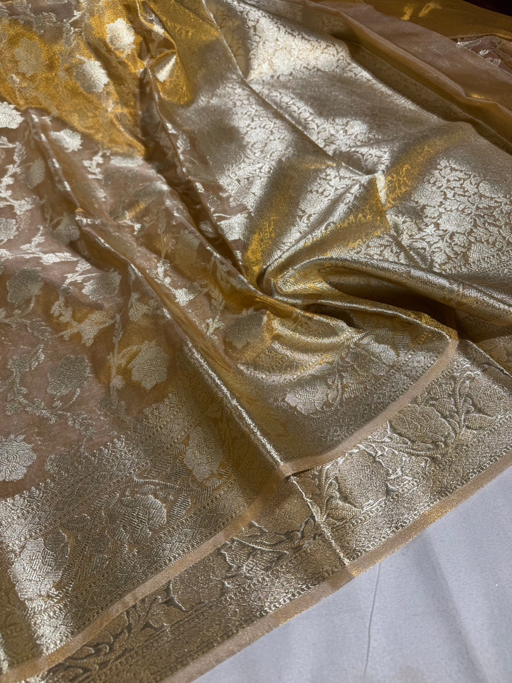 Premium Copper Tissue Silk Banarasi Saree with rich pallu and blouse