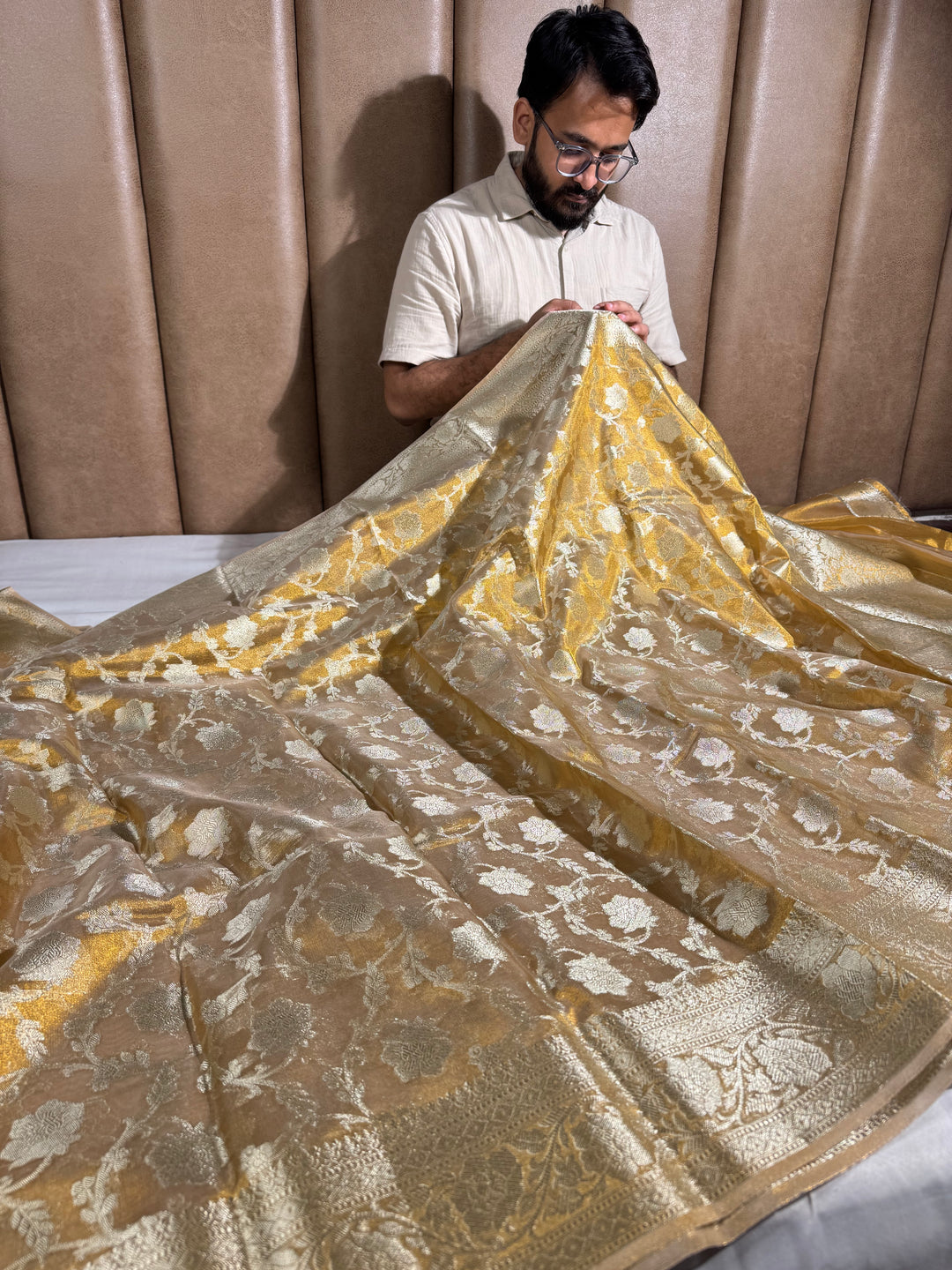 Premium Copper Tissue Silk Banarasi Saree with rich pallu and blouse