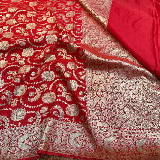 Floral Red Georgette Katan Silk