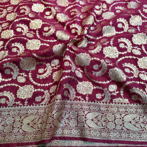 Floral Maroon Georgette Katan Silk