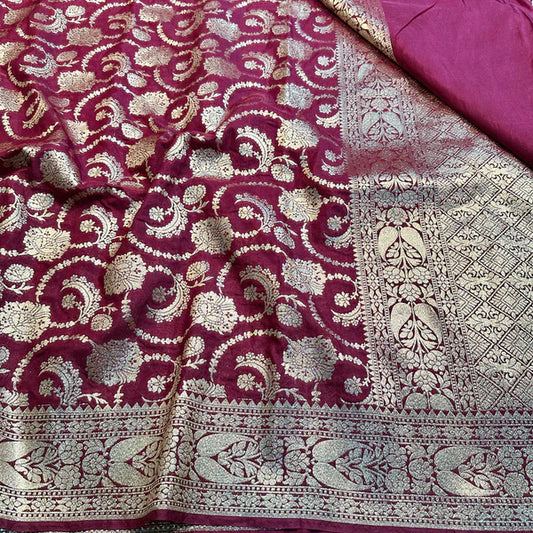 Floral Maroon Georgette Katan Silk