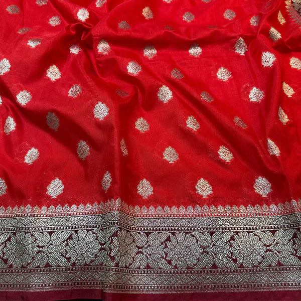 Bright Red Shade Georgette Katan Silk Saree