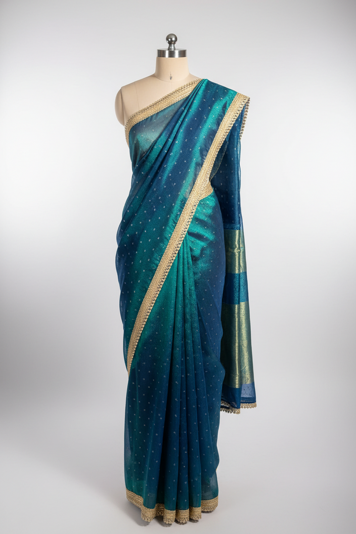 World’s 1st Peacock Colour Tissue Silk Designer Lace Work Banarasi Saree