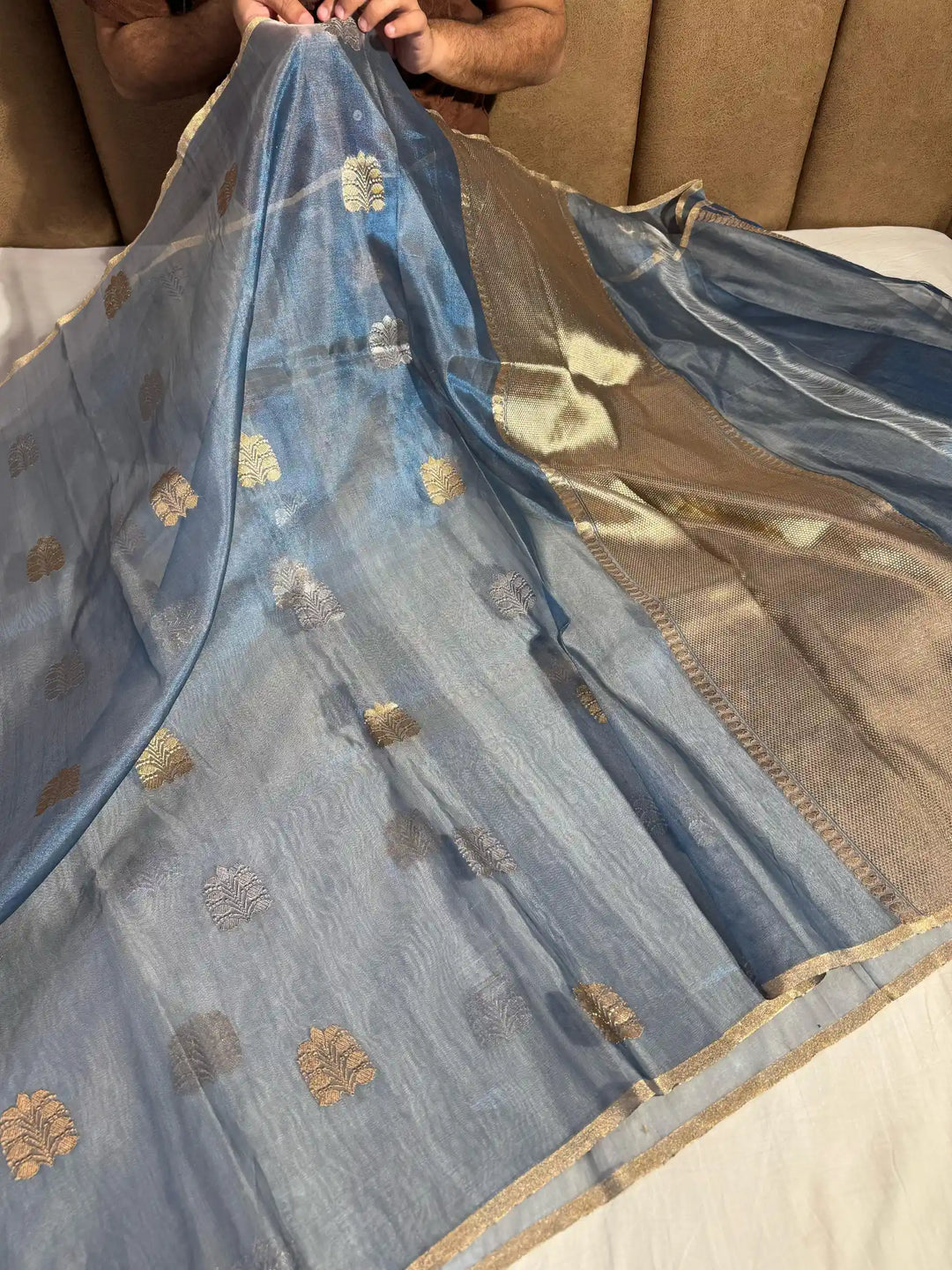 Ice Blue Pure Handloom Kadhua Tissue Silk Saree with Rich Pallu and Blouse