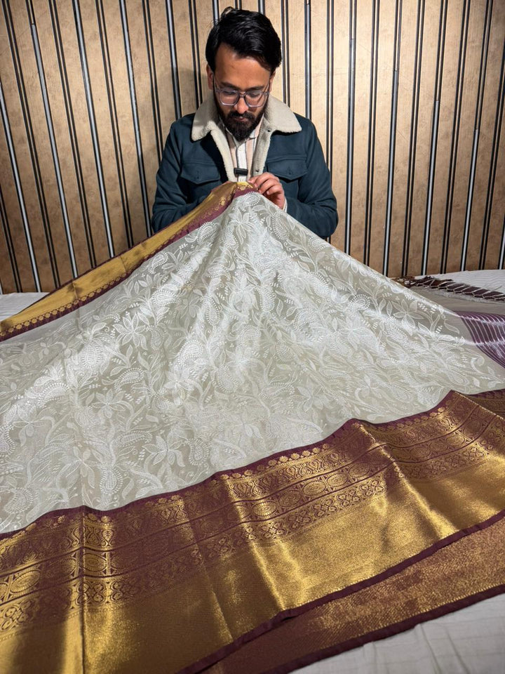 Ivory Contrast Katan Tissue Silk Water Zari Chikankari Embroidered Banarasi Saree