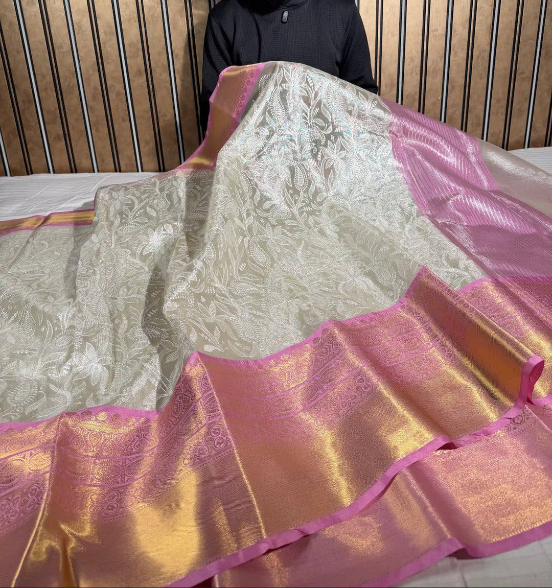 Ivory Contrast Katan Tissue Silk Water Zari Chikankari Embroidered Banarasi Saree