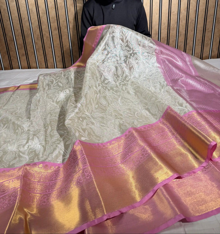 Ivory Contrast Katan Tissue Silk Water Zari Chikankari Embroidered Banarasi Saree