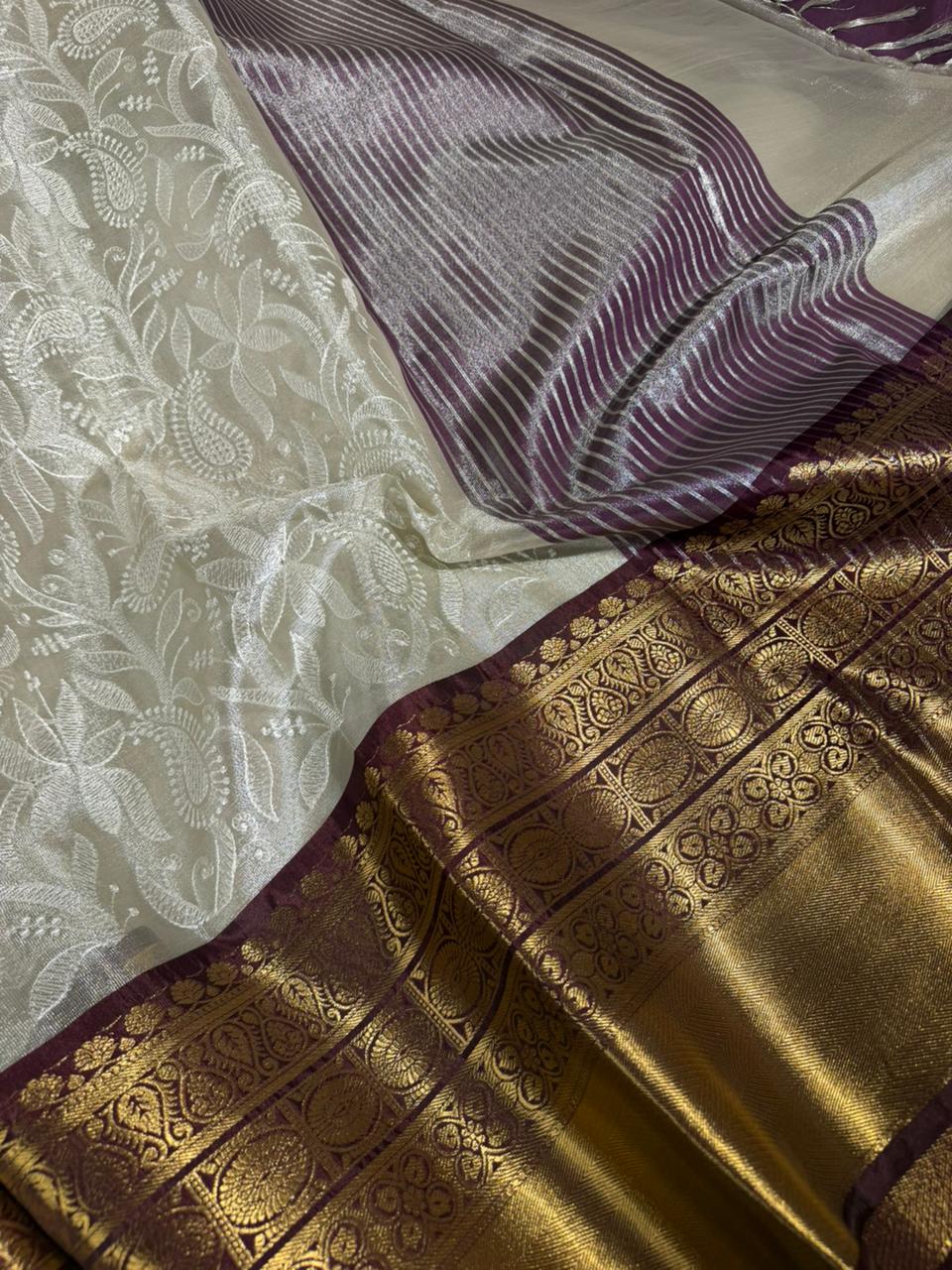 Ivory Contrast Katan Tissue Silk Water Zari Chikankari Embroidered Banarasi Saree