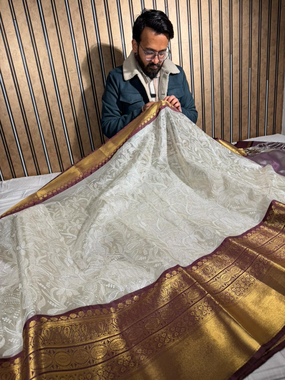 Ivory Contrast Katan Tissue Silk Water Zari Chikankari Embroidered Banarasi Saree