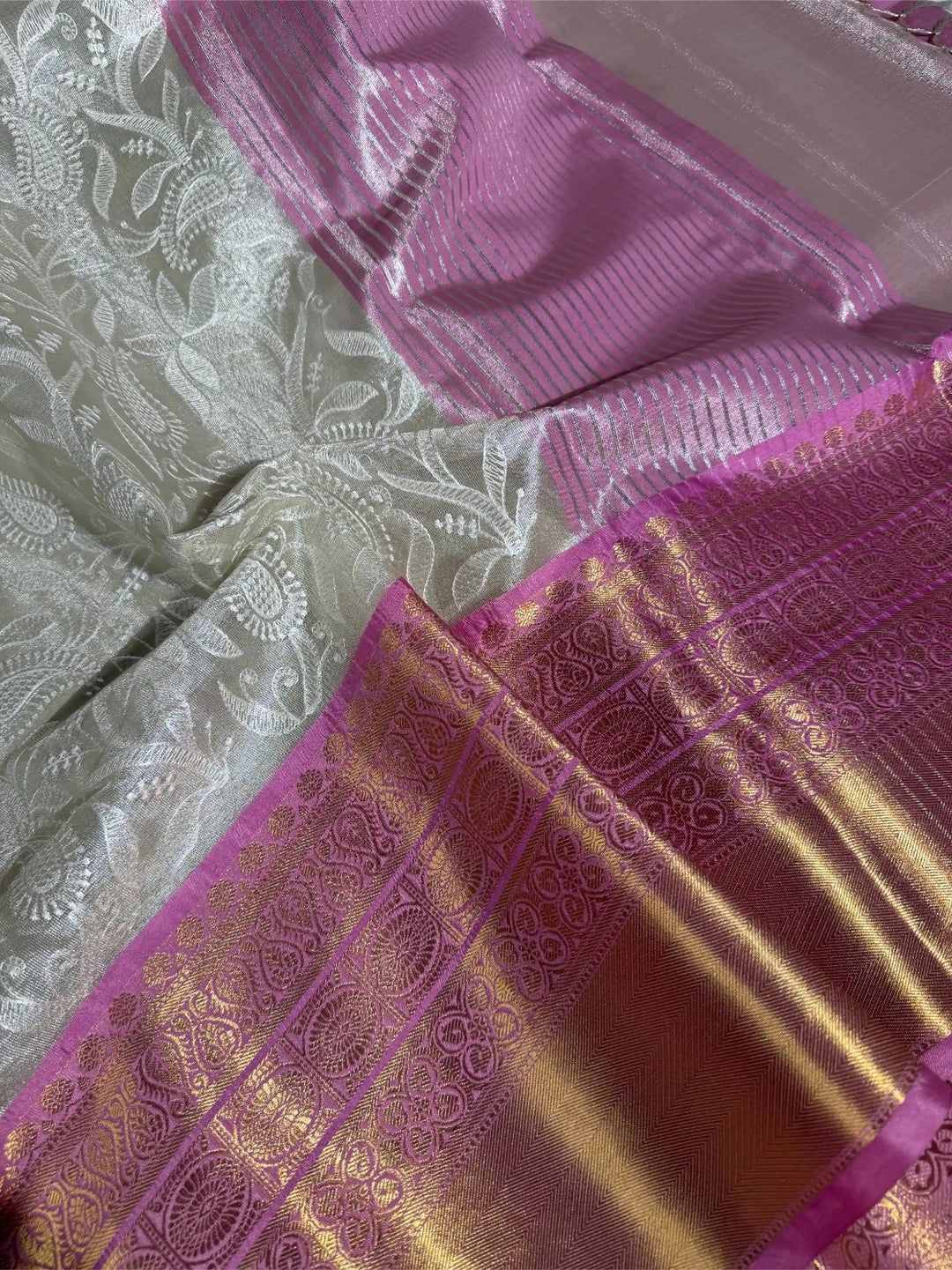 Ivory Contrast Katan Tissue Silk Water Zari Chikankari Embroidered Banarasi Saree