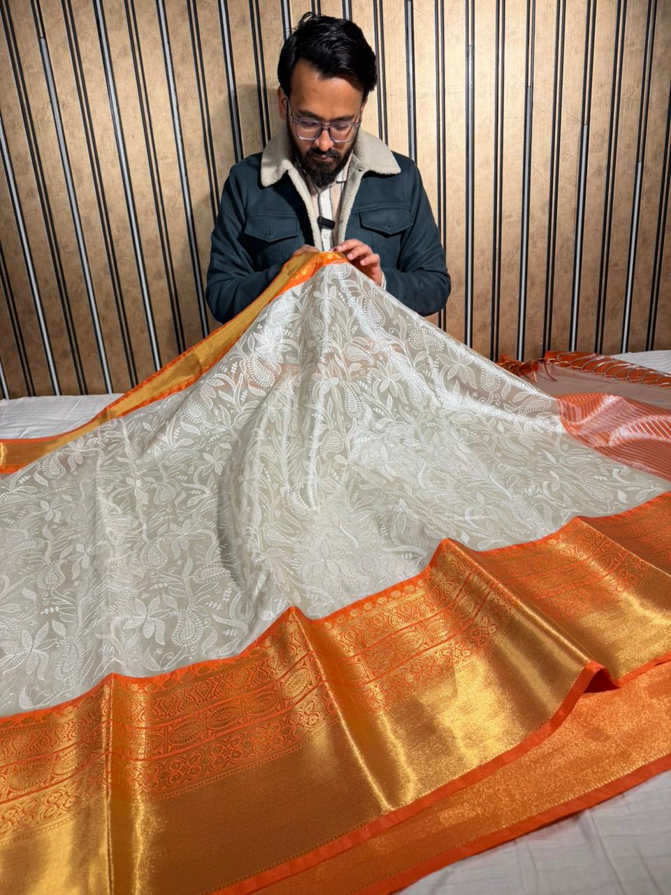 Ivory Contrast Katan Tissue Silk Water Zari Chikankari Embroidered Banarasi Saree