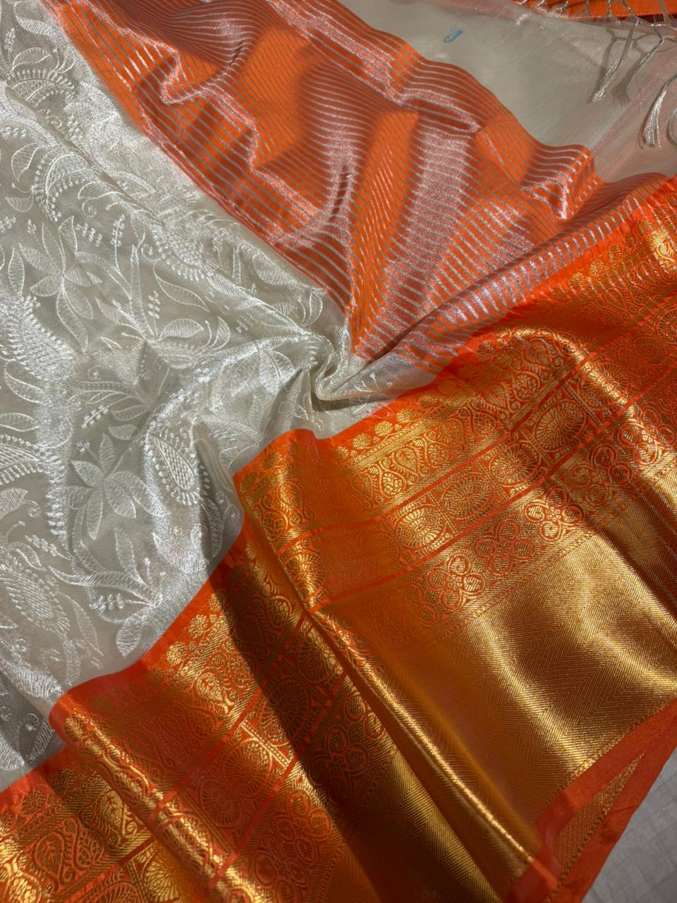 Ivory Contrast Katan Tissue Silk Water Zari Chikankari Embroidered Banarasi Saree