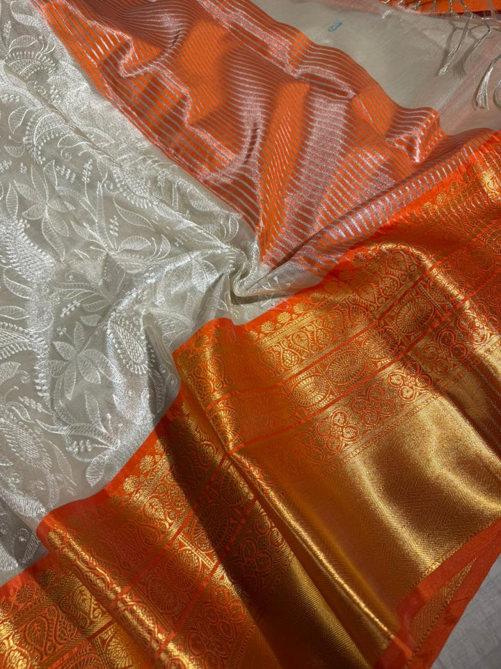 Ivory Contrast Katan Tissue Silk Water Zari Chikankari Embroidered Banarasi Saree