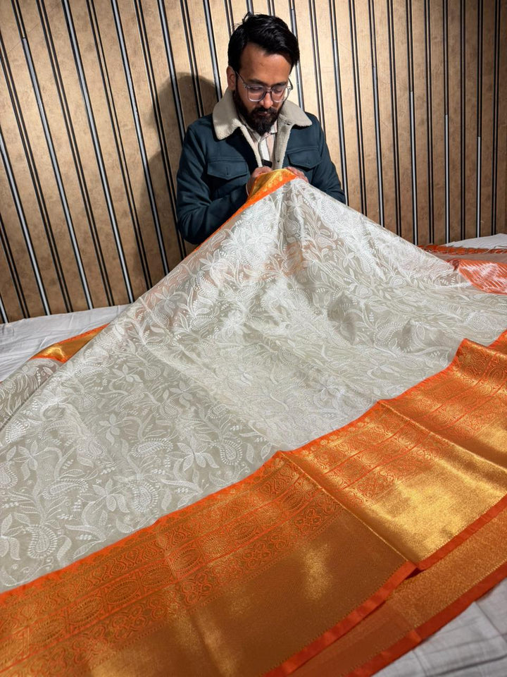 Ivory Contrast Katan Tissue Silk Water Zari Chikankari Embroidered Banarasi Saree