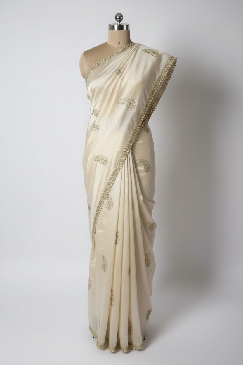 Ivory Cream Shade Shimmery Tissue Silk Handwork Saree