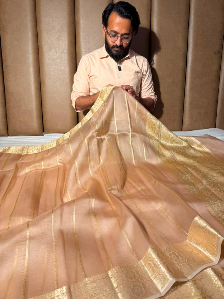 Ivory Gold Handwoven Pure Organza Banarasi Saree