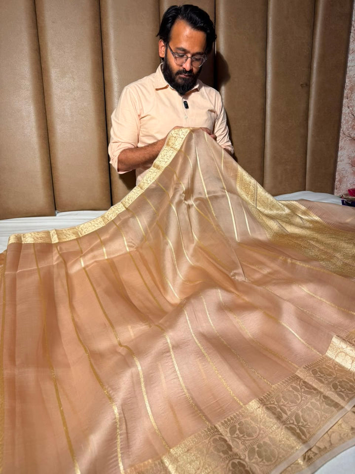 Ivory Gold Handwoven Pure Organza Banarasi Saree