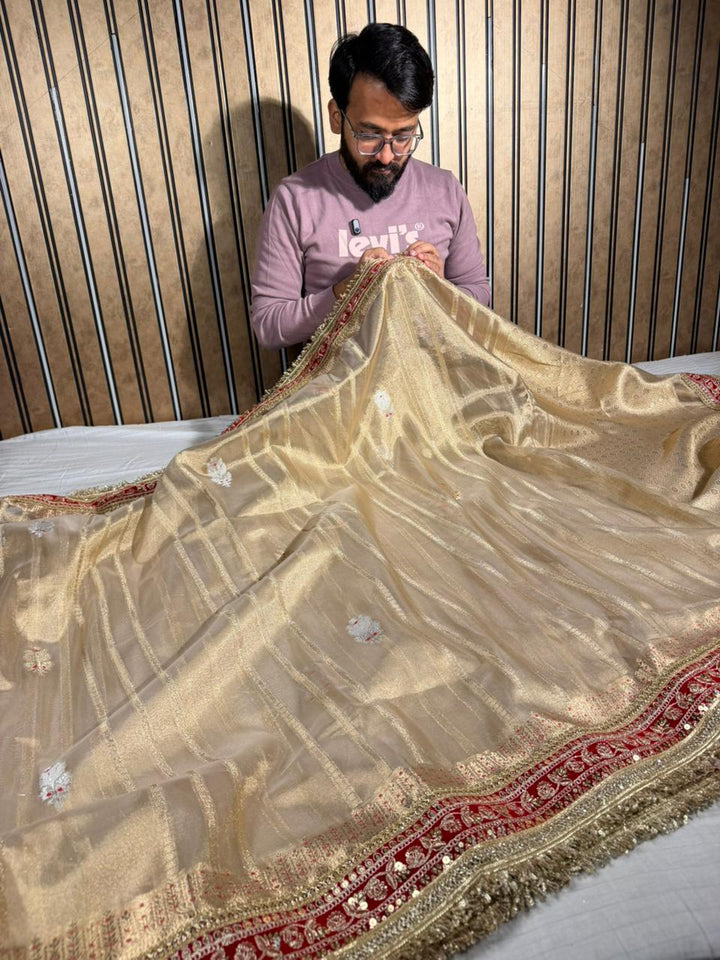 Ivory Gold Tissue Silk Designer Lace Work Banarasi Saree 