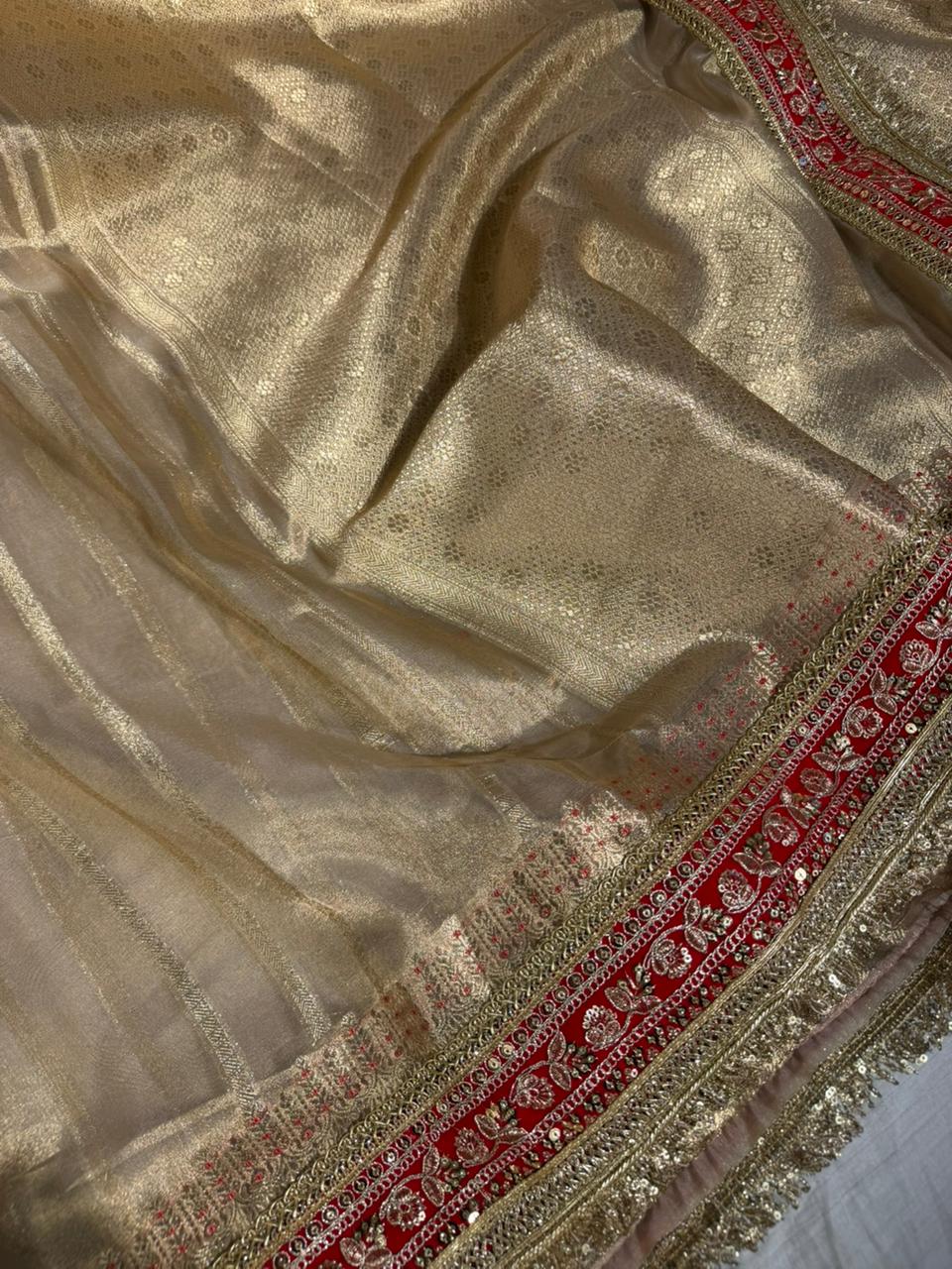 Ivory Gold Tissue Silk Designer Lace Work Banarasi Saree 